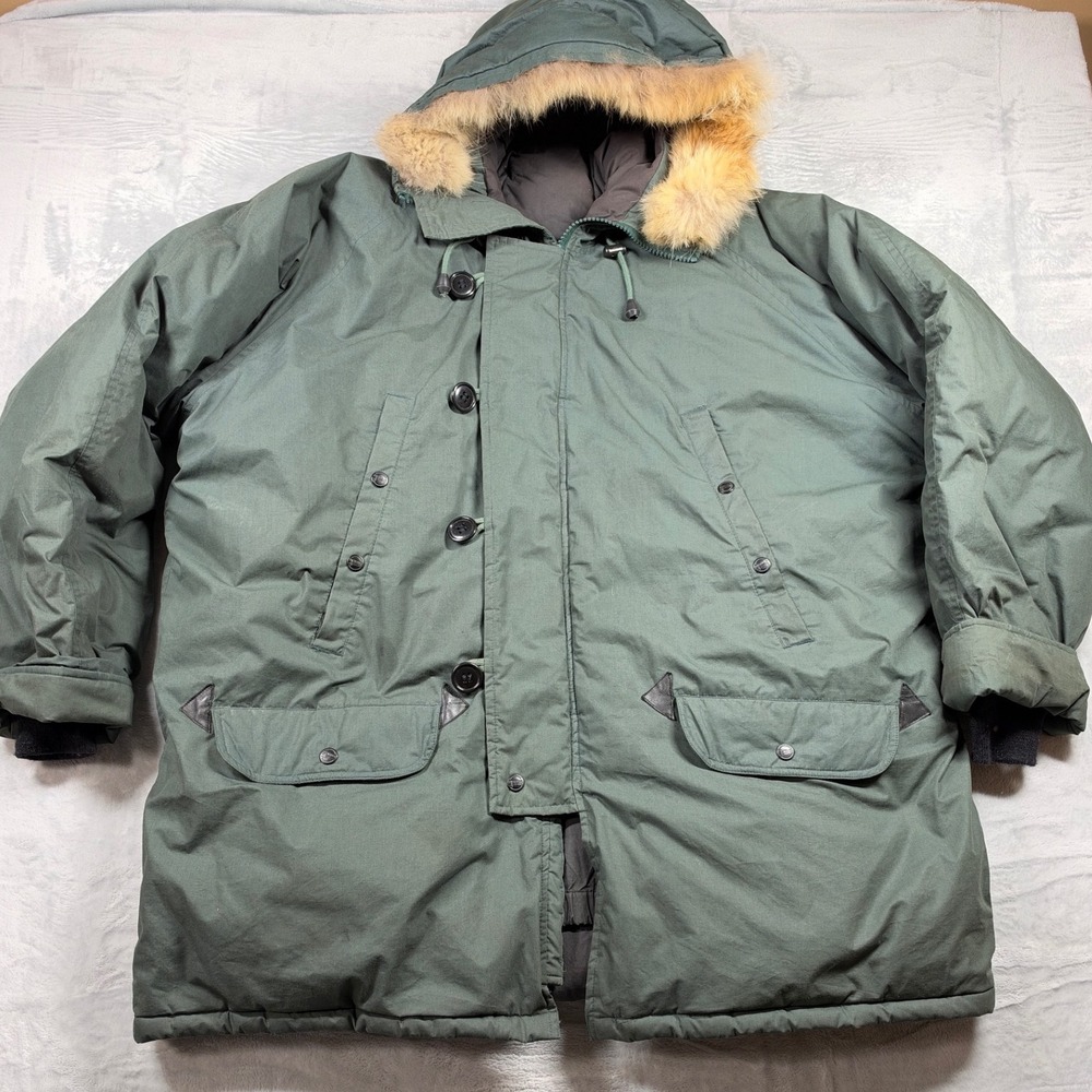 Vintage Excalibur Down Parka Men XL Green Fur Trim Snorkel Hood 80/20 Feather